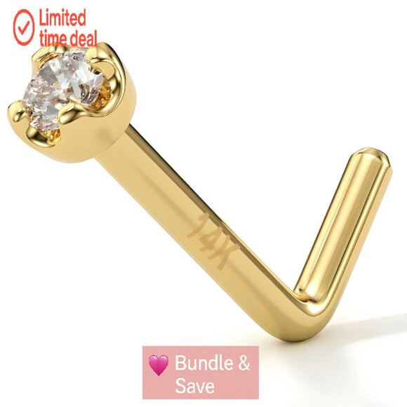 14K Gold Diamond Nose Stud 1.5mm 20 Gauge L-Shaped Piercing Jewelry - Picture 1 of 8
